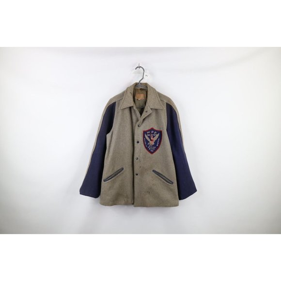 Vintage 40s Mens Large Poland Basketball Champions Wool Varsity Jacket Gray USA